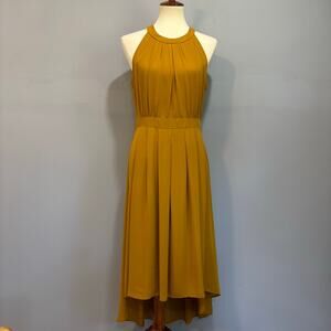 Mustard Yellow Banana Republic halter midi high-low high-collar dress, size 10